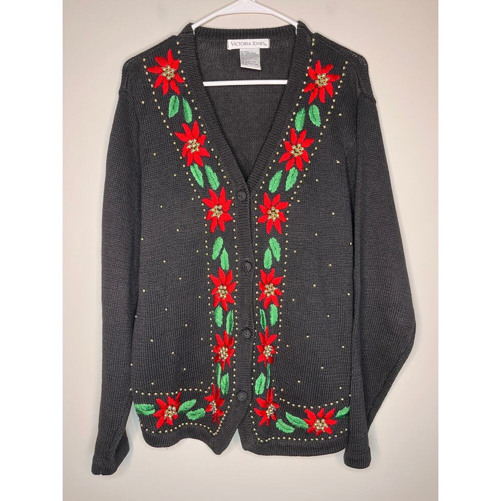 1990s Victoria Jones Poinsettias Gold Red Green Floral Christmas Cardigan L